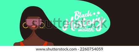 Black history month horizontal banner with afro American woman with long hair isolated on green background. Vector Black history month poster, flyer, background with pretty african young model