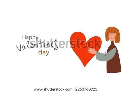 Young woman holds a heart in his hands, celebrating Valentine's dayl poster modern flat vector illustration