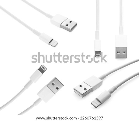 USB cable with lightning connector on white background, views from different sides. Collage design