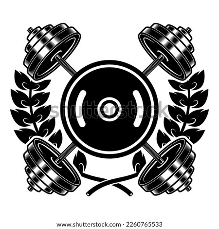 Emblem template with crossed barbells and wreath. Design element for logo, sign, emblem. Vector illustration