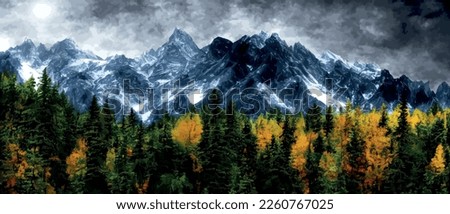 Wild natural landscape with mountains, coniferous forest with copy space. Great travel advertising, brochures, labels. Vector banner illustration. Idyllic amazing landscapes nature. beautiful season 