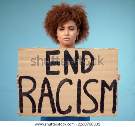 Poster, political and portrait of a woman in a studio for a protest for racism, equality and human rights, Freedom, social justice and female from Mexico with a sign for a rally by a blue background.