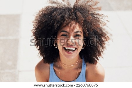 Black woman, happy in portrait with fashion and beauty outdoor, street style with natural hair, makeup and jewelry. Freedom, happiness and mockup with afro, person in Cape Town with mindset and glow Royalty-Free Stock Photo #2260768875