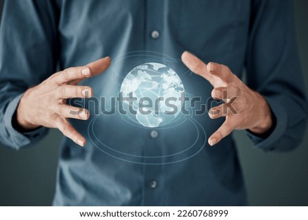 Globe, networking and internet with hands of businessman for digital transformation, social media and future. Communication, database and hologram with employee and world for technology, cyber and 3d