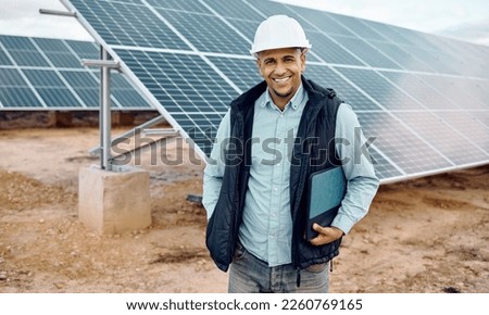 Solar environment, man and portrait of engineering industry. Happy technician, manager and renewable energy of building, future innovation and architecture of electricity, sustainability and sun grid Royalty-Free Stock Photo #2260769165