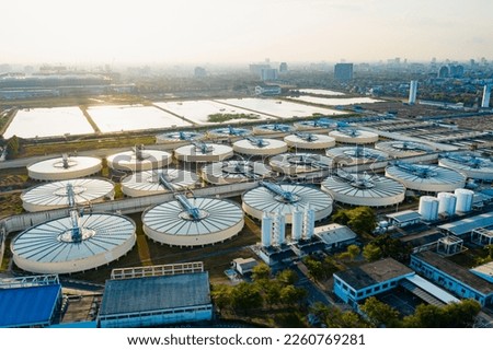 Aerial View of Drinking water treatment plant. Microbiology of drinking water production and distribution, water treatment plant. Microbiology of drinking water production. Morning scene, 
