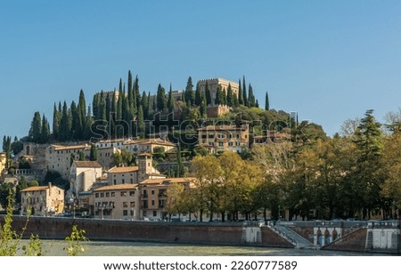 View of Castel San Pietro from the promenade along the Adige river - Verona, Veneto Region in northern Italy Royalty-Free Stock Photo #2260777589