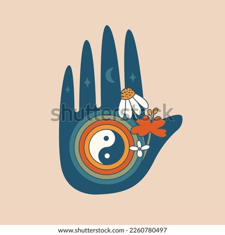 Celestial abstract clip art with hand,  yin yang symbol, retro flowers, moon, stars. Modern psychedelic art. Hippie groovy esoteric illustration. Flat design. 60's, 70's concept for card, poster.