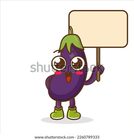Cute cartoon Eggplant character holding blank board in vector flat cartoon style illustration
