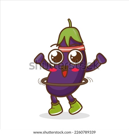 Vector mascot, cartoon and illustration of a eggplant doing exercises with hula hoop