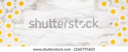 Double border of white daisy flower paper decorations. Top view over a rustic white wood banner background. Copy space.