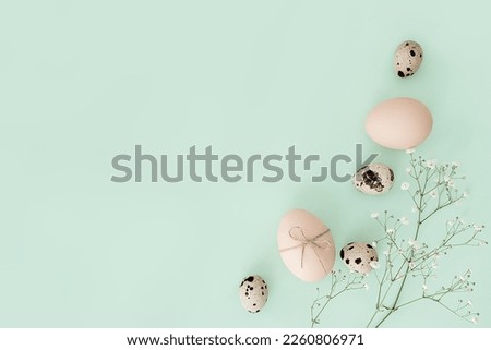Easter card. Decorated eggs on a green background. Congratulations on Easter. Easter composition with flowers and various eggs. quail eggs for easter Royalty-Free Stock Photo #2260806971