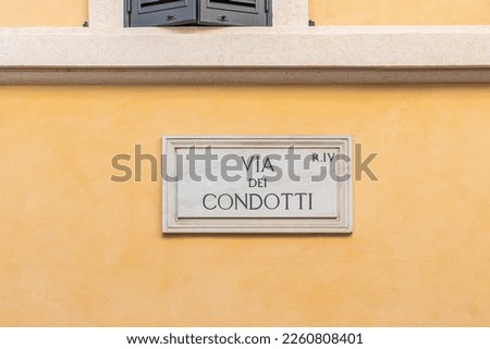 Street plate of the Condotti Road (Via dei Condotti), center of the Roman luxury shopping. Rome, Italy