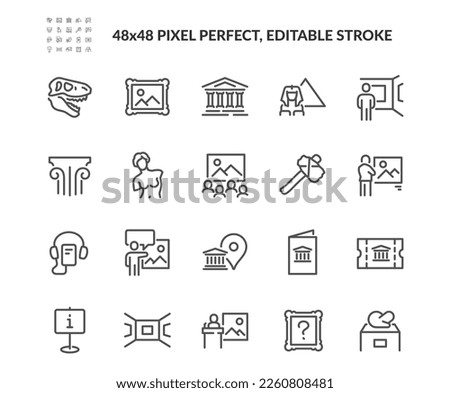 Simple Set of Museum Related Vector Line Icons. 
Contains such Icons as Tourist Group, Sculpture, Art Gallery and more. Editable Stroke. 48x48 Pixel Perfect. Royalty-Free Stock Photo #2260808481