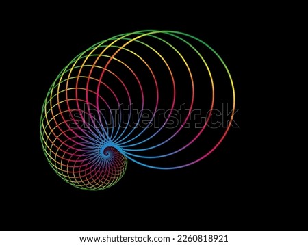 Fibonacci Sequence Circle. Geometric shapes spiral. Sea shell of colorful circles. Sacred geometry logo template. Logarithmic sequences, golden ratio, snail spiral. Vector isolated on black background