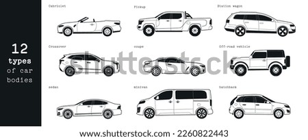 Car Type and Model Objects icons Set, automobile. Vector black illustration isolated on white background. Variants of car body silhouette for web