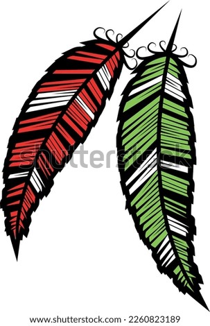 Vector Illustration Of Red And Green Feathers, Isolated On Transparent Background.