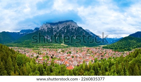 Mittenwald town and Karwendel mountain aerial panoramic view in Bavaria, Germany Royalty-Free Stock Photo #2260835377
