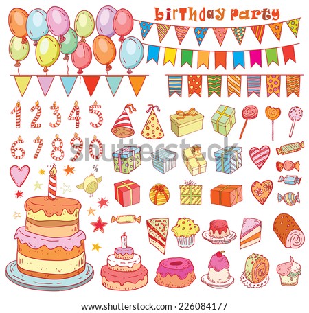  Birthday party elements, vector illustration.