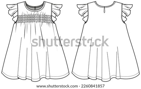 Girls empire babydoll Dress design with smocking chest details flat sketch fashion illustration vector template with front and back view,  butterfly sleeve shirring details Toddler baby girl frock Royalty-Free Stock Photo #2260841857