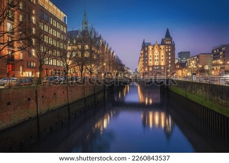 St. Annenplatz Square Buildings at Speicherstadt warehouse district at night - Hamburg, Germany