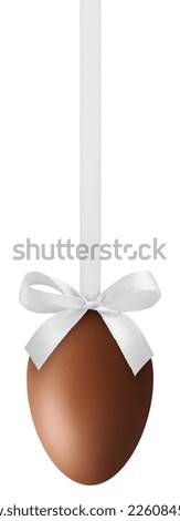Happy Easter decoration chocolate egg with shiny ribbon bow in white pastel light color, hanging on transparent background. Template for label, gift greeting card, promo banner or ticket price