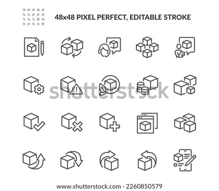 Simple Set of Abstract Product Related Vector Line Icons. 
Contains such Icons as Module, Design Metaphor, Application and more. Editable Stroke. 48x48 Pixel Perfect. Royalty-Free Stock Photo #2260850579