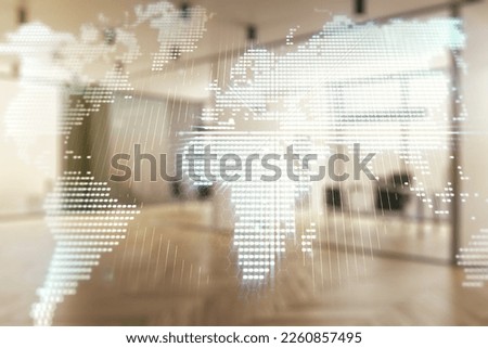 Abstract creative world map interface on a modern furnished office background, international trading concept. Multiexposure