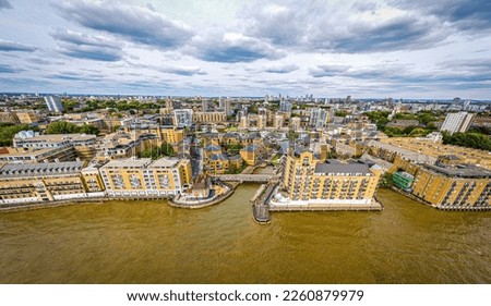 Aerial view of the Limehouse, a regenerated former dockland area at the River Thames in London, UK