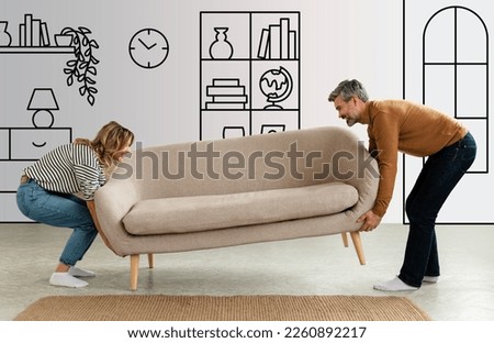 Happy Middle Aged Couple Putting Sofa Together After Renovation At Home. Husband And Wife Furnishing Their Living Room And New House. Interior Design Doodles Background, Collage Royalty-Free Stock Photo #2260892217