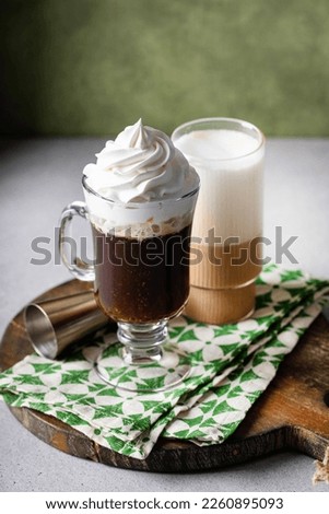 Irish coffee and irish cream latte, hot drinks for St Patricks day