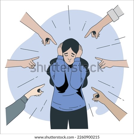 Sad or depressed young woman surrounded by hands with index fingers pointing at her. Concept of quilt, accusation, public censure and victim blaming. Flat cartoon colorful vector illustration. Royalty-Free Stock Photo #2260900215