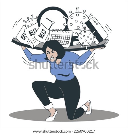 Stress burden, anxiety from work difficulty and overload, problem in economic crisis or pressure from too much responsibility concept, tried exhausted woman carrying heavy messy line on his back Royalty-Free Stock Photo #2260900217