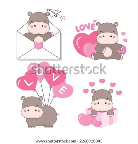 Valentine's day collection with cute Hippo  and love elements. 