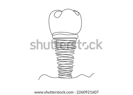 Continuous one line drawing Tooth Implant Denture. Dental health concept. Single line draw design vector graphic illustration.