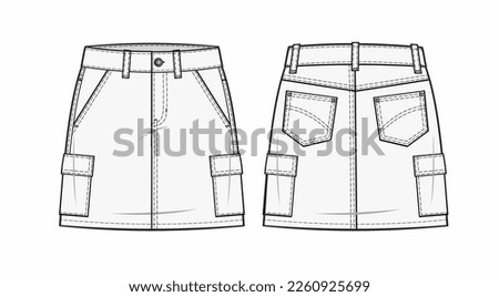 illustration of a High-waist denim skirt with six pockets, a fashion template design Front zip fly, and top button fastening. fashion flats. fashion illustration template. front and back cad mockup Royalty-Free Stock Photo #2260925699