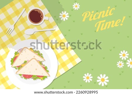 vector background with triangle sandwich, coffee on a picnic blanket for banners, cards, flyers, social media wallpapers, etc. Royalty-Free Stock Photo #2260928995