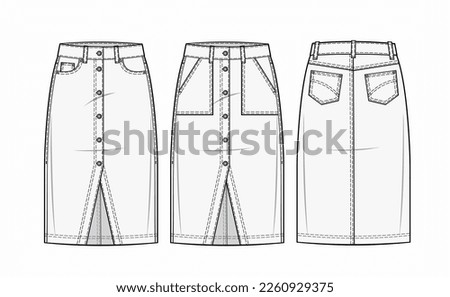 fashion flat illustration of a High-waist denim skirt with two design style variations. five pockets, Front zip fly, and top button fastening. fashion flats. fashion illustration template. cad mockup Royalty-Free Stock Photo #2260929375