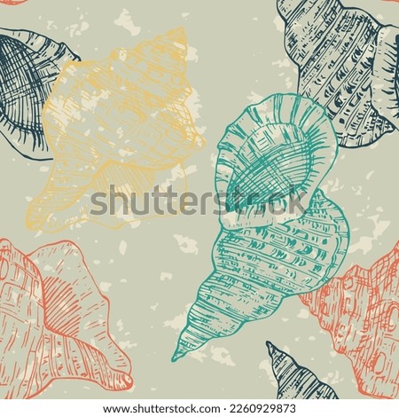 Seamless pattern background with abstract shell ornaments. Hand drawn nature illustration of ocean.