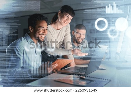 Teamwork, laptop hologram and people success in data analytics, cyber security research and cloud computing. Coding, programming and developer woman or group with software solution in night overlay Royalty-Free Stock Photo #2260931549