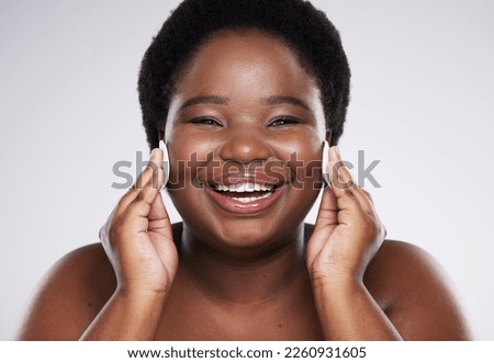 Black woman with cotton pad isolated on a white background for face or facial cleaning product promotion. Happy portrait of model or person with beauty glow, cosmetics wipe and makeup in studio