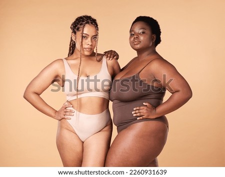 Portrait, beauty and black women with body positivity, skincare and self love isolated in a studio brown background. Shape, plus size and female models confident in underwear as wellness