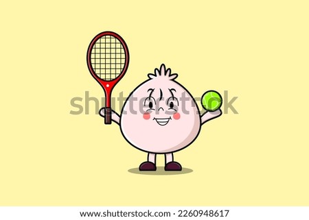 Cute cartoon Dim sum character playing tennis field in flat cartoon style illustration
