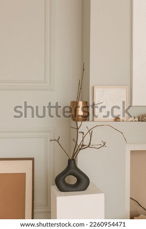 Dry branch in a modern black vase, blank picture frames near minimalistic decorative fireplace in modern Scandinavian interior.