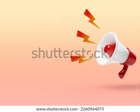 Red and white megaphone with sound symbol on orange gradient background with copy space, 3d render with clipping path.