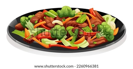 Beef and vegetables stir fry in black plate vector illustration Royalty-Free Stock Photo #2260966381