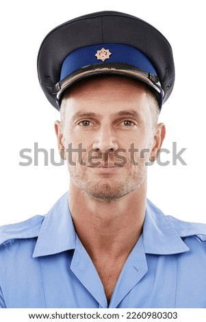 Studio man, face portrait and police officer for justice law enforcement, safety or army security service. Sheriff profile picture, Ukraine military soldier or crime hero isolated on white background