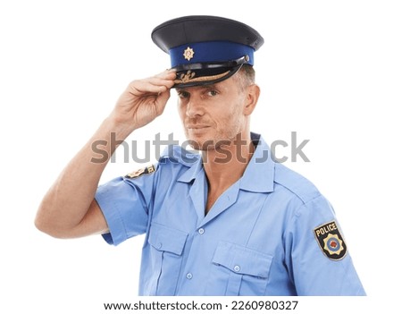 Security, cop and portrait of police on a white background for authority, leadership and justice. Law enforcement, public safety and isolated face of guard, policeman and officer in legal uniform
