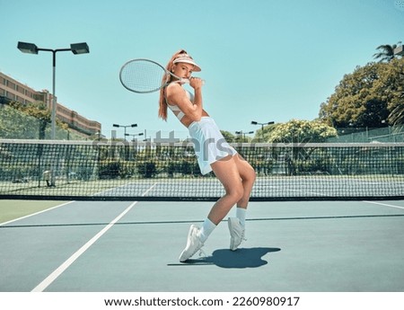 Woman, tennis court portrait and outdoor sunshine with balance, fashion or sports in summer with sneakers. Gen z girl, athlete and tiptoe on ground for sport workout, training or exercise strong legs
