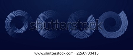 Round glowing blue lines on dark background. Set of circular geometric stripes in form spiral waves.